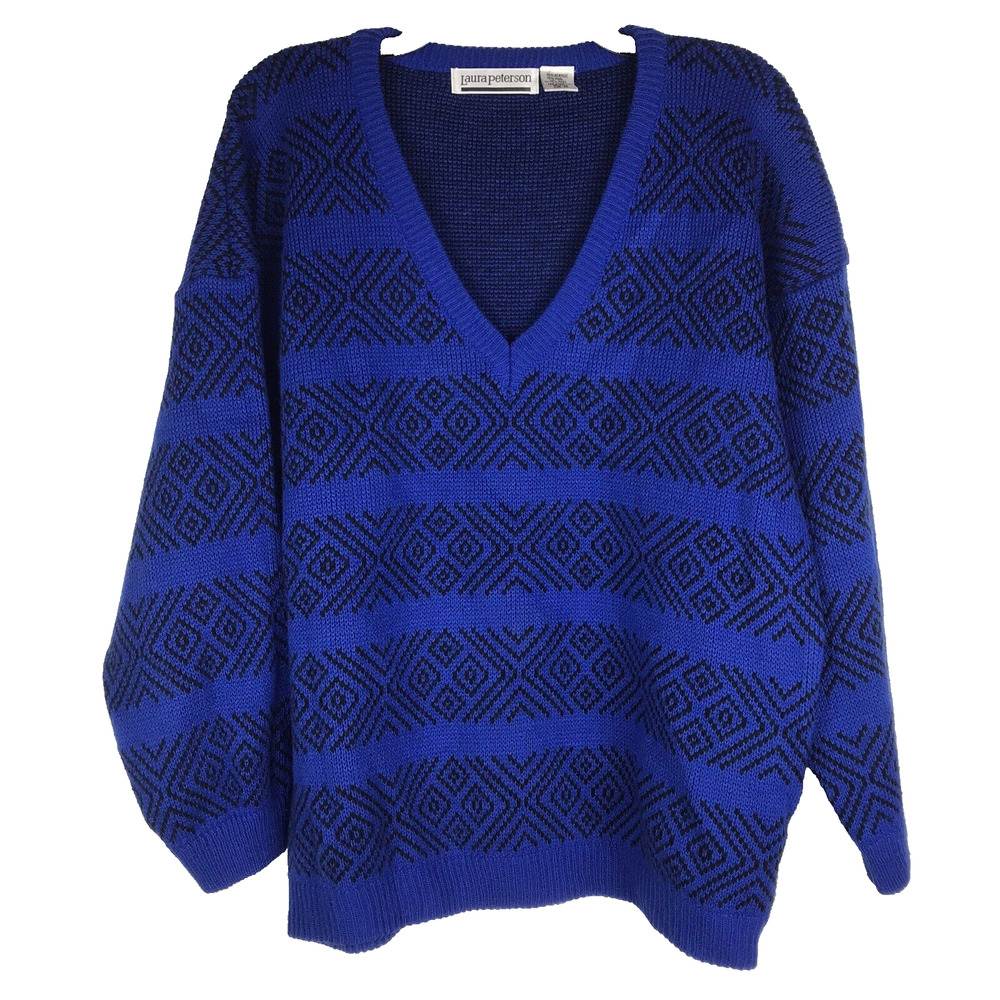 Laura Peterson Sweater V-Neck Royal Blue Black Geometric Wool Acrylic Medium